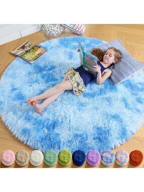 〽️Tie-Dyed Light Blue Round Rug 4Ft Girl Bedroom Baby Nursery Fluffy Shag Carpet